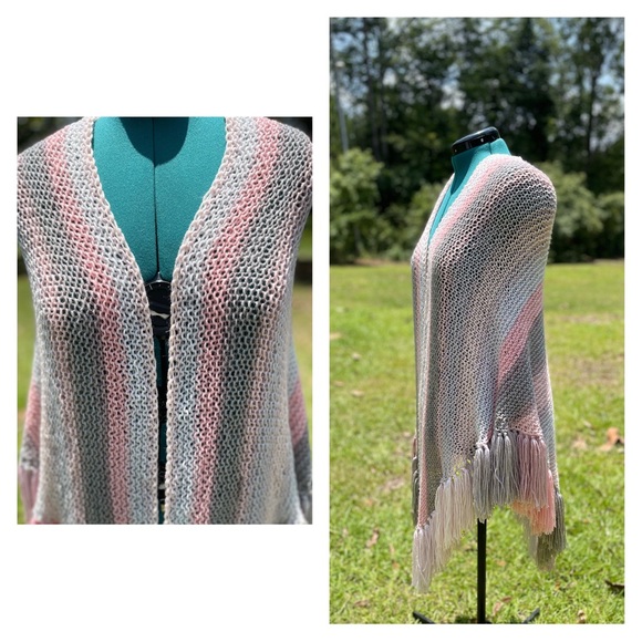 Handmade Hand Crafted Knit Triangle Shawl with tassels pink gray shawl - Picture 4 of 5